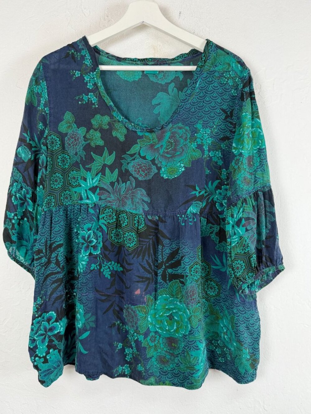 Tianello Women Shelby Blouse Blue Green Floral Mixed Print Babydoll Tunic Medium